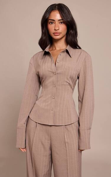  Prettylittlething Petite Taupe Pinstripe Oversized Shirt Co-ord 