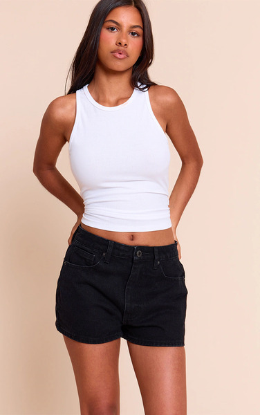  Prettylittlething Petite Washed Black High Waisted Basic Shorts 