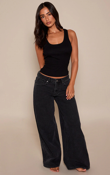  Prettylittlething Petite Washed Black Mid Rise Stretch Wide Leg Jeans 
