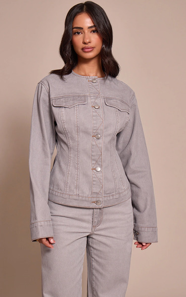 Prettylittlething Petite Washed Grey Neck Detail Button Up Denim Shirt 