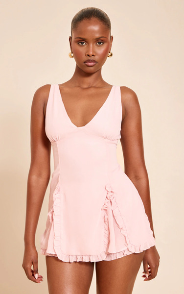  Prettylittlething Pink Chiffon Frill Detail Playsuit 