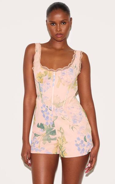  Prettylittlething Pink Floral Printed Chiffon Corset Detail Playsuit 