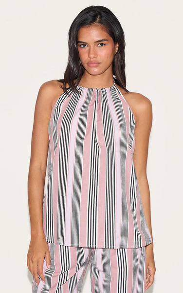  Prettylittlething Pink Linen Look Striped Halterneck Top 