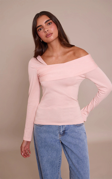  Prettylittlething Pink Long Sleeve Asymmetric Shoulder Knitted Top 
