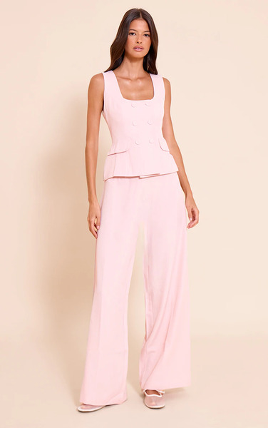  Prettylittlething Pink Woven Button Detail Wide Leg Jumpsuit 
