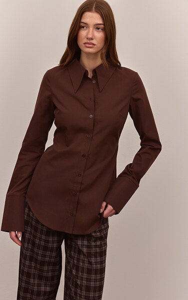  Prettylittlething Plt Label Chocolate Oversized Collar Button Down Fitted Shirt 