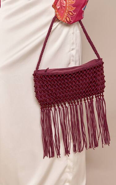  Prettylittlething Plum Beaded Fringe Shoulder Bag 