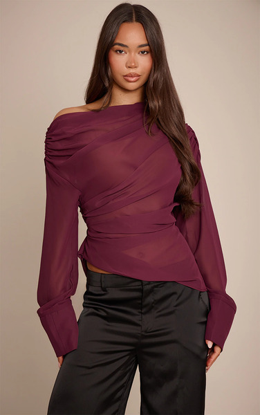  Prettylittlething Plum Chiffon Drape Top 