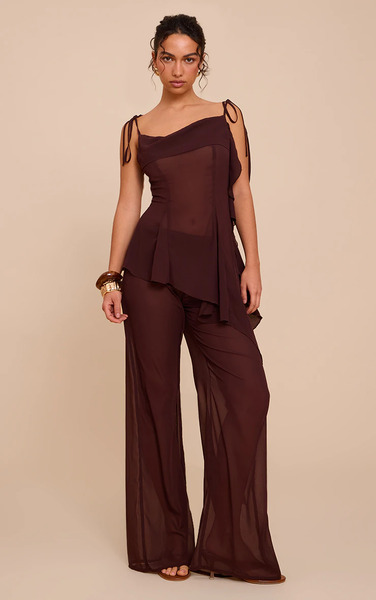  Prettylittlething Plum Chiffon Straight Leg Trouser 