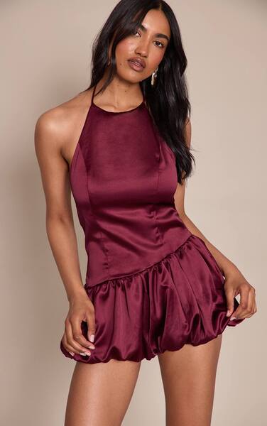  Prettylittlething Plum Satin Halterneck Puff Ball Playsuit 