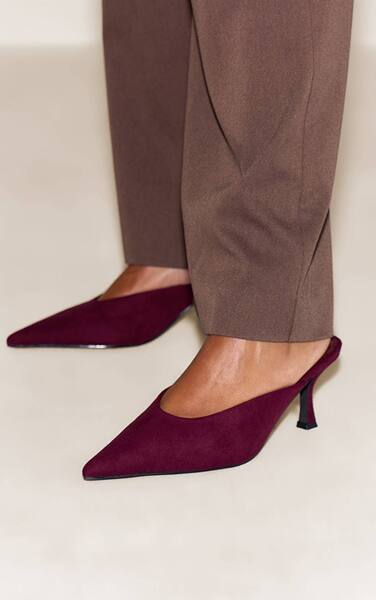  Prettylittlething Plum Suede Kitten Heeled Mule 
