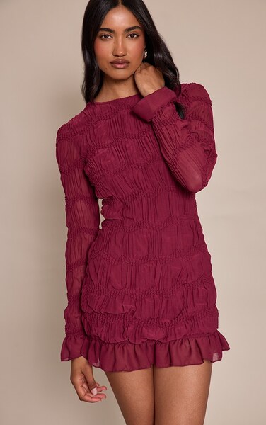  Prettylittlething Plum Textured Long Sleeve Crew Neck Mini Dress 