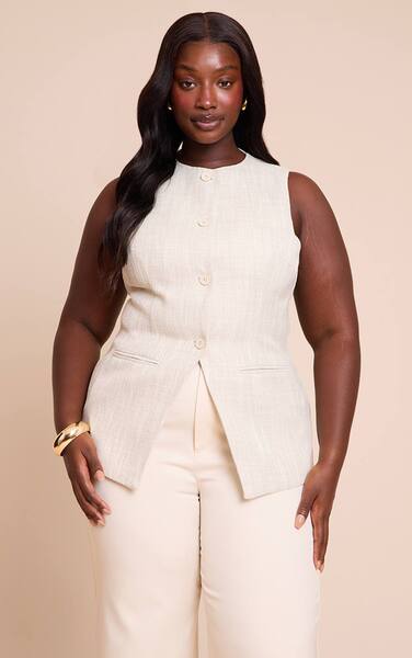  Prettylittlething Plus Beige Button Up Sleeveless Waistcoat 
