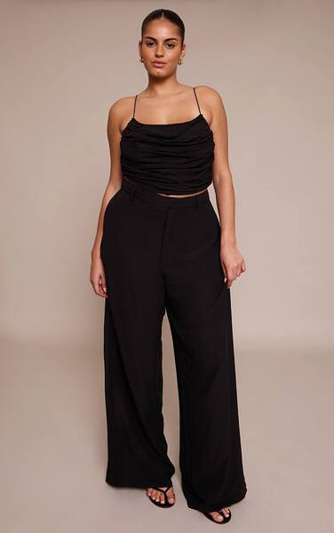  Prettylittlething Plus Black Chiffon High Waisted Wide Leg Trousers 