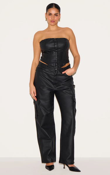  Prettylittlething Plus Black Coated Denim Cargo Jeans 