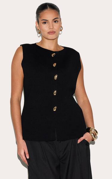  Prettylittlething Plus Black Compact Knit Button Up Waistcoat 