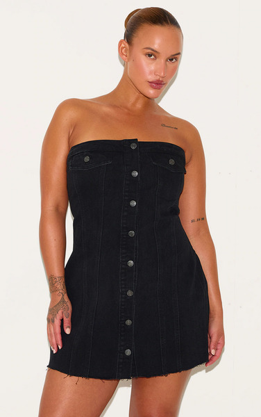 Prettylittlething Plus Black Corset Button Up Bodycon Dress 