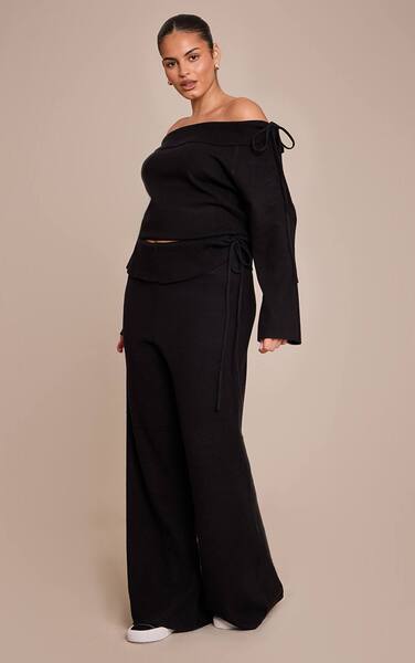  Prettylittlething Plus Black Foldover Tie Side Knitted Wide Leg Trouser 