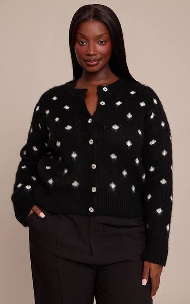  Prettylittlething Plus Black Polka Dot Brushed Knit Cardigan Sweater 