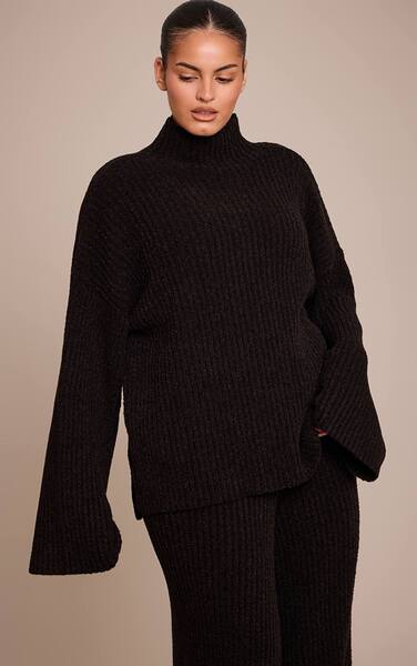  Prettylittlething Plus Black Rib Boucle Knit Oversized Jumper 