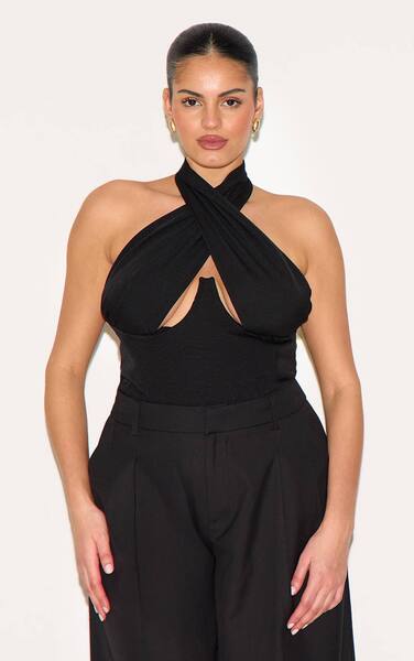  Prettylittlething Plus Black Woven Cross Front Underwired Bodysuit 