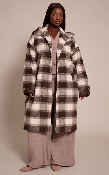  Prettylittlething Plus Brown Checked Structured Double Breasted Wool Look Maxi Coat 