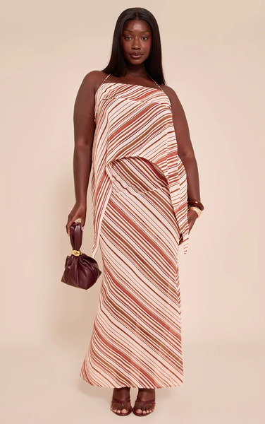  Prettylittlething Plus Brown Chiffon Striped Mid Rise Maxi Skirt 