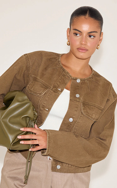  Prettylittlething Plus Brown Collarless Detail Denim Jacket 