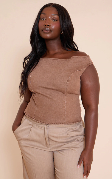  Prettylittlething Plus Brown Off The Shoulder Stretch Denim Top 