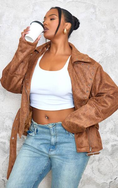  Prettylittlething Plus Brown Washed Faux Leather Hardware Detail Belted Jacket 