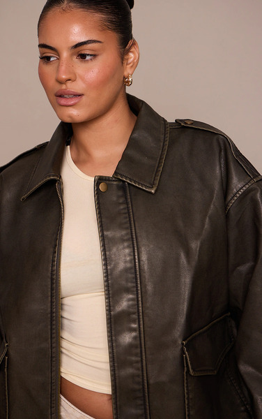  Prettylittlething Plus Brown Washed Faux Leather Pocket Detail Bomber Jacket 