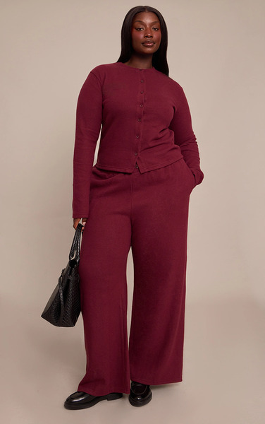  Prettylittlething Plus Burgundy Soft Touch Wide Leg Joggers 