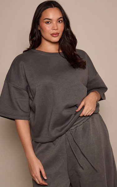  Prettylittlething Plus Charcoal Oversized Drop Shoulder Sweat T-shirt 