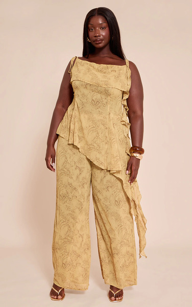  Prettylittlething Plus Chartreuse Abstract Print Chiffon Straight Leg Trousers 