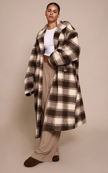  Prettylittlething Plus Checked Funnel Neck Wool Look Maxi Coat, Brown 
