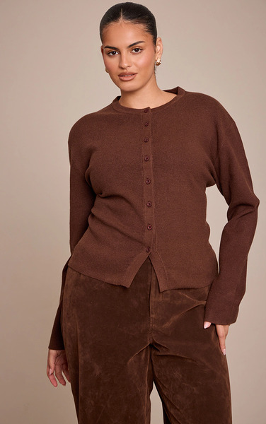  Prettylittlething Plus Chocolate Button Down Long Sleeve Knitted Top 