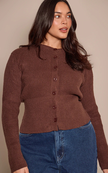  Prettylittlething Plus Chocolate Cinched Waist Button Down Cardigan Sweater 