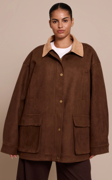  Prettylittlething Plus Chocolate Oversized Pocket Detail Contrast Collar Jacket 
