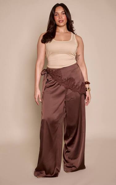  Prettylittlething Plus Chocolate Satin Scarf Wide Leg Trousers 