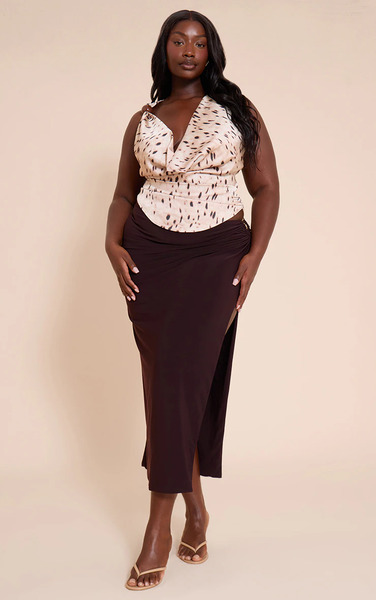  Prettylittlething Plus Chocolate Stretch Chiffon Trim Detail Maxi Skirt 