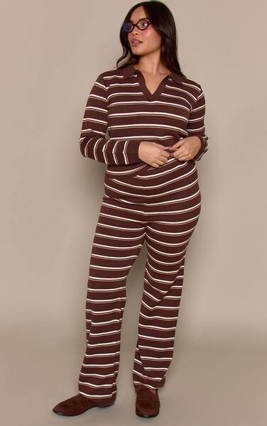  Prettylittlething Plus Chocolate Striped Compact Knit Wide Leg Trouser 