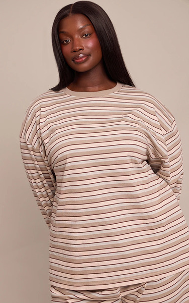  Prettylittlething Plus Chocolate Striped Long Sleeved Top 