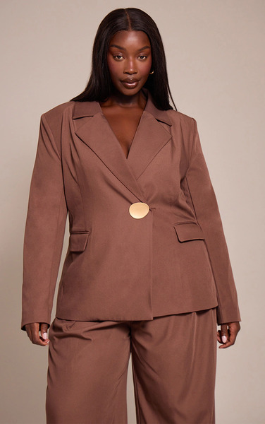  Prettylittlething Plus Chocolate Tailored Gold Metalware Detail Blazer 