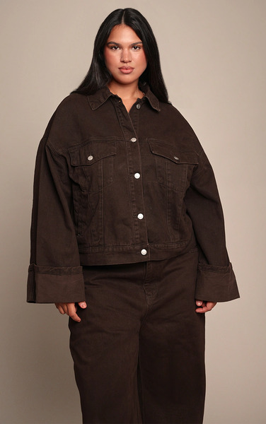  Prettylittlething Plus Chocolate Turn Up Cuff Contrast Stitch Denim Jacket 