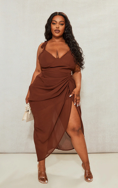  Prettylittlething Plus Chocolate Underwire Detail Draped Midi Dress 
