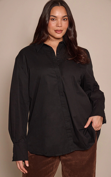  Prettylittlething Plus Cotton Black Oversized Cuff Shirt 
