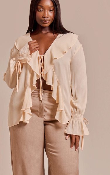  Prettylittlething Plus Cream Chiffon Ruffle Tie Front Blouse 
