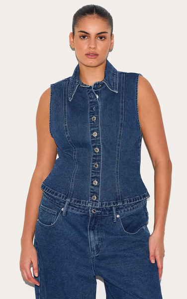  Prettylittlething Plus Dark Blue Denim Collar Waistcoat 
