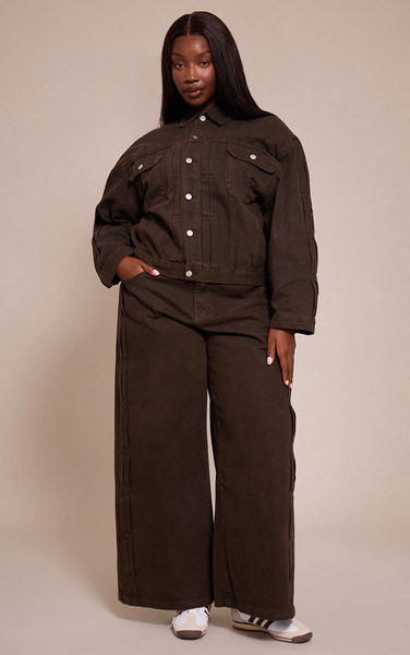  Prettylittlething Plus Dark Chocolate Pleat Detail Denim Jeans 