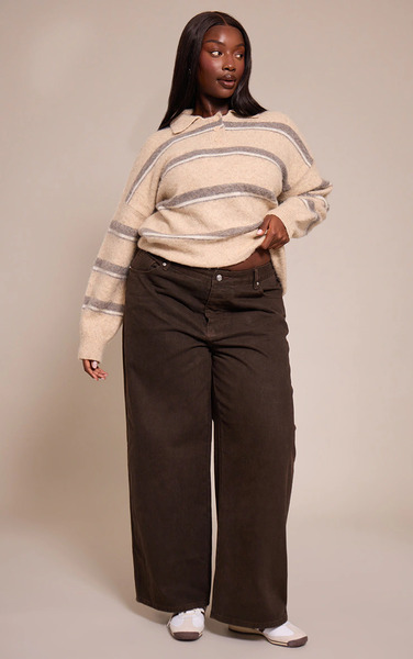 Prettylittlething Plus Dark Chocolate Straight Leg Dip Front Jeans 